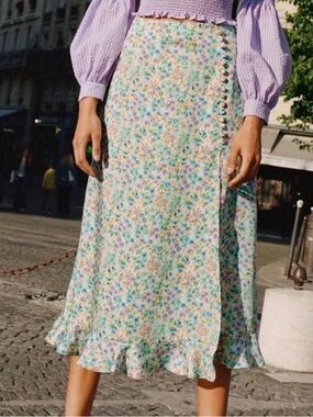 Zara Lavender & Mint Floral Wrap Midi Skirt